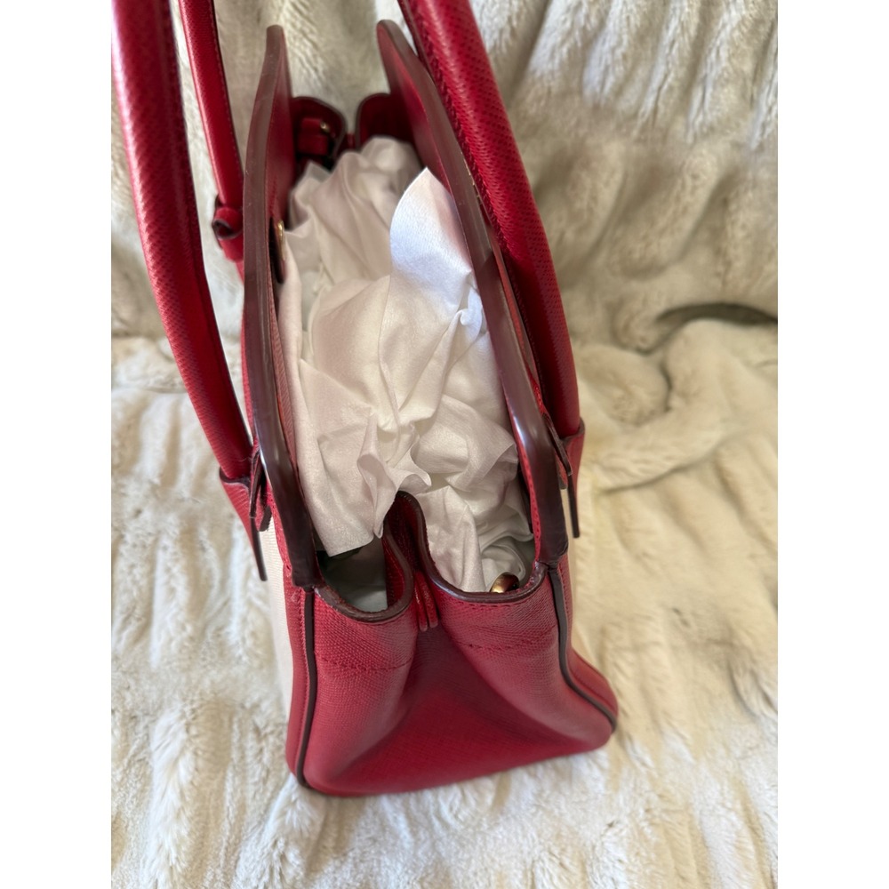 Prada Milano Red Saffiano Leather and Beige Canvas Tote Bag Handbag - Picture 5 of 15